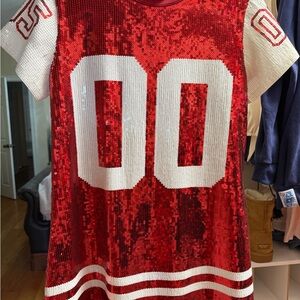 QUEEN OF SPARKLES Red and White Sequin Mini Dress